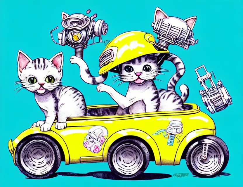 Image similar to cute and funny, kitten wearing a helmet riding in a tiny hot rod with oversized engine, ratfink style by ed roth, centered award winning watercolor pen illustration, isometric illustration by chihiro iwasaki, edited by range murata, tiny details by artgerm and watercolor girl, symmetrically isometrically centered