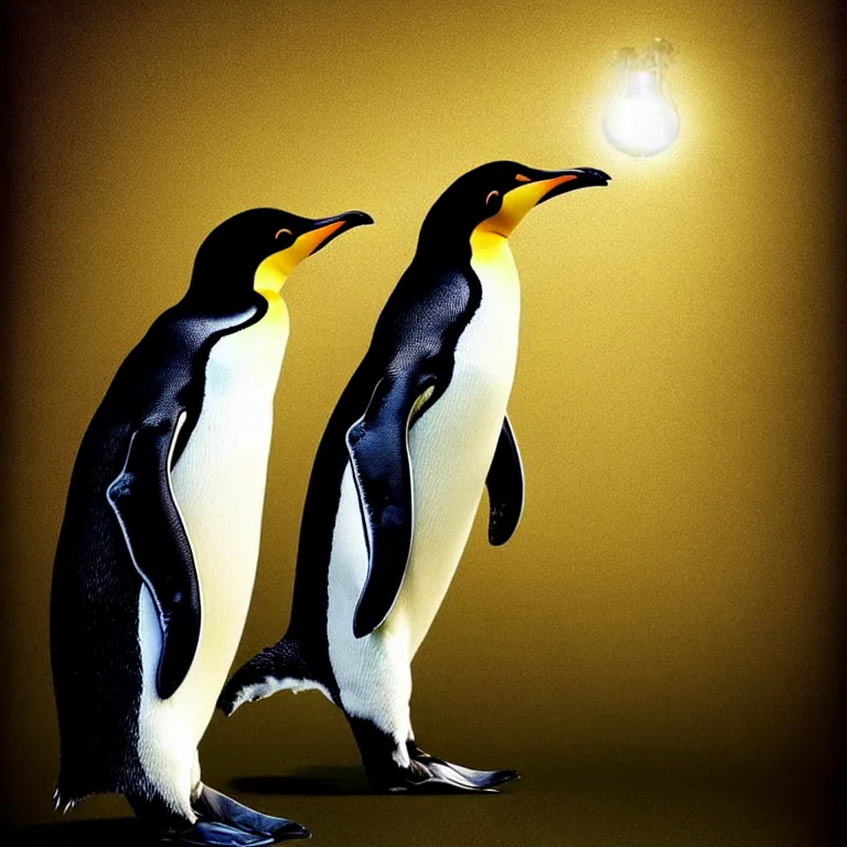 Image similar to epic professional digital art of startling penguin, faint golden atmospheric lighting, painted, intricate, detailed, cheerful, fun, exciting, by leesha hannigan, wayne haag, reyna rochin, ignacio fernandez rios, mark ryden, iris van herpen,, epic, stunning, gorgeous, much wow, cinematic, masterpiece.