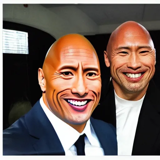 Image similar to dwayne the rock johnson and kim jong - un, selfie, phone photo,