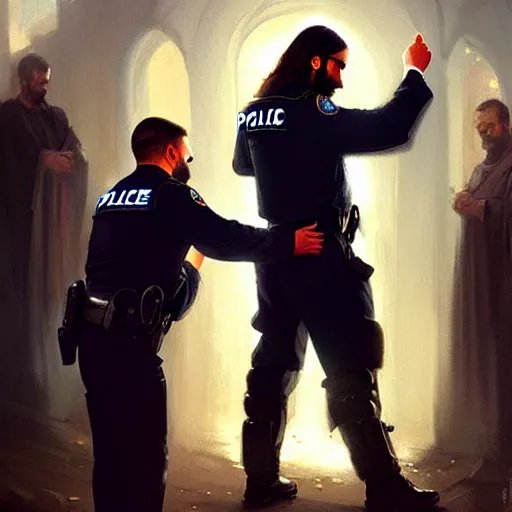 Image similar to jesus christ is placing handcuffs on a police officer, style of greg rutkowski