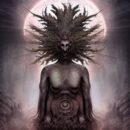 Image similar to awakening of an ancient deity, foreboding, horror, creepy, digital art, high quality, high resolution