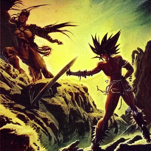 Image similar to Savage battlescarred Saiyan warrior girl, cavewoman, wild spiky black electrified hair, pelt, torn clothing, savage cloak, scars of battle, bloody, electrical aura, scimitar, primeval fantasy, prehistoric fantasy, orcs, goblins attacking, 1980s pulp fantasy, art by Frank Frazetta and Boris Vallejo