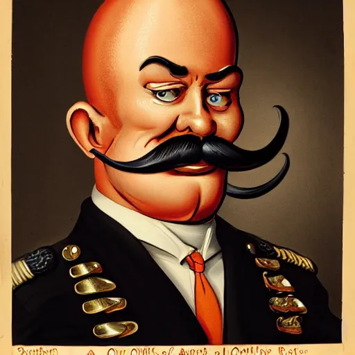 Prompt: a caricature of an angry south-americam muscular army general, thick mustache, bald, orange skin, pear-shaped skull with the thicker part at the bottom, with a gold ring floating above his head, high-quality digital art