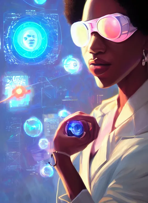 Prompt: afro - futurist scientist, computers and holograms, hacking the metaverse | hyperrealistic oil painting | by makoto shinkai, ilya kuvshinov, lois van baarle, rossdraws | afrofuturism, in the style of hearthstone, trending on artstation | dark color scheme