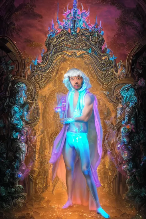 Image similar to full-body rococo and cyberpunk delicate neon crystalline sculpture of ((young muscular golden albino prince Joe Jonas)) as an blue iridescent humanoid deity wearing ((peach plastic hooded cloak)) (holding a human skull) in a black castle dungeon, reclining, glowing pink face, crown of (pink lasers), large blue diamonds, swirling black silk fabric. futuristic elements. oozing glowing liquid, full-length view. space robots. intricate artwork by caravaggio. Trending on artstation, octane render, cinematic lighting from the right, hyper realism, octane render, 8k, depth of field, 3D