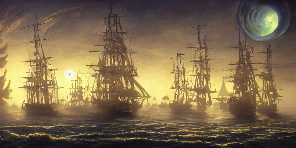 Image similar to Photorealistic epic science fiction painting of a tall ship with three masts sailing through space, by Rodney Matthews and Roger Dean. photorealism, UHD, amazing depth, glowing, golden ratio, 3D octane cycle unreal engine 5, volumetric lighting, cinematic lighting, cgstation artstation concept art