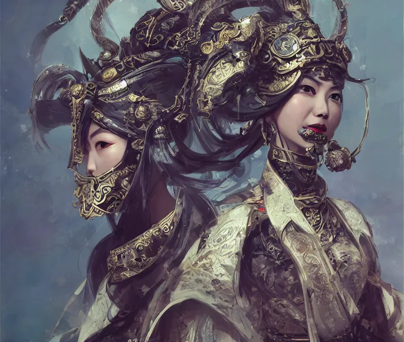 Image similar to ancient chinese princess with steampunk mask, dynasty warriors, elegant, unreal engine, 8 k, blue color scheme, headshot, highly detailed, smooth, ink painting, artstation, concept art, in style of yoji shinkawa, pan ren wei, col price, atey ghailan, by greg rutkowski, aesthetic