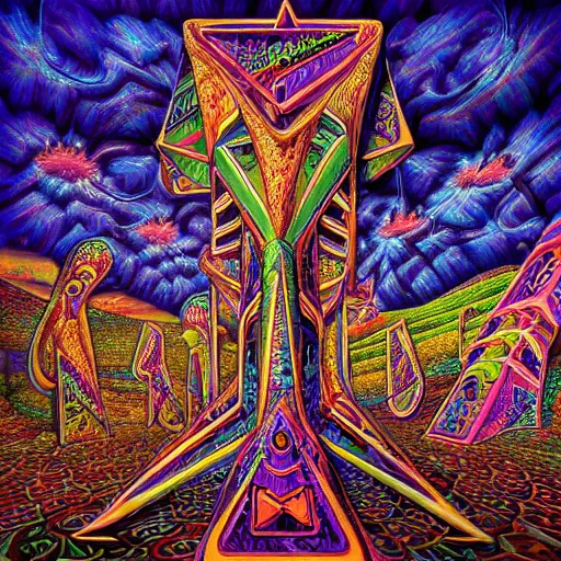 Image similar to Psychedelic Inter-dimensional freemasonic occultic chequered trippy dreamscape in the style of a photo-realistic album cover by Howard Finster, Michael Cheval (unreal engine, 3d highly detailed, 8k, UHD, fantasy, dream, otherworldly, bizzare, spirals, colourful, vivid)