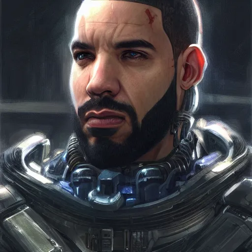 Image similar to drake as a realistic cyberpunk knight, closeup portrait art by donato giancola and greg rutkowski, realistic face, digital art, trending on artstation, symmetry!!