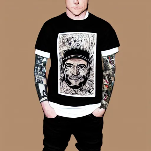 Image similar to action figure of thin white male wearing a black baseball cap and black graphic t - shirt, american traditional tattoos on legs and left arm, 4 k,