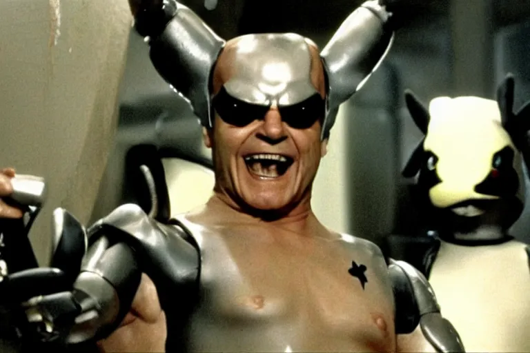 Prompt: Jack Nicholson in costume of Pikachu Terminator, scene where his endoskeleton gets exposed, still from the film
