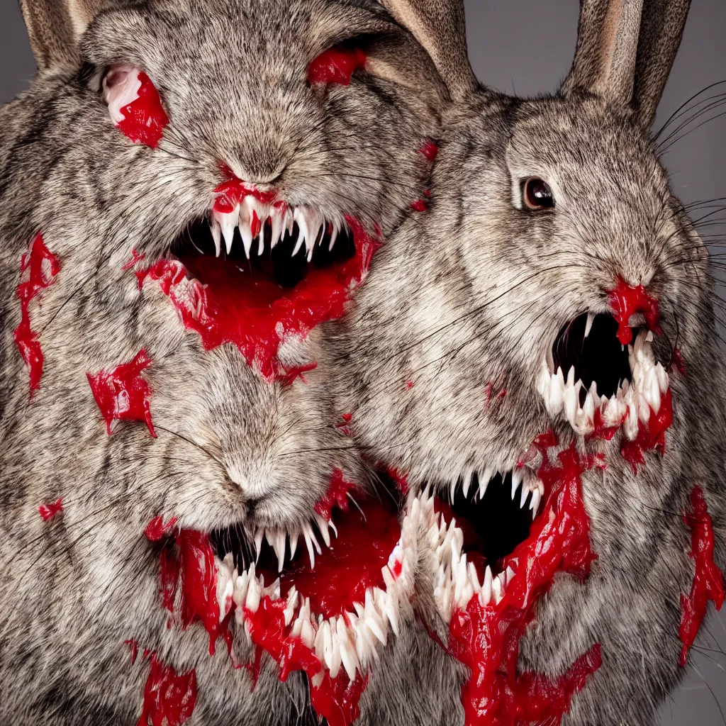 Image similar to hq studio portrait of predatory rabbit with big canine teeth and blood dripping from it's mouth