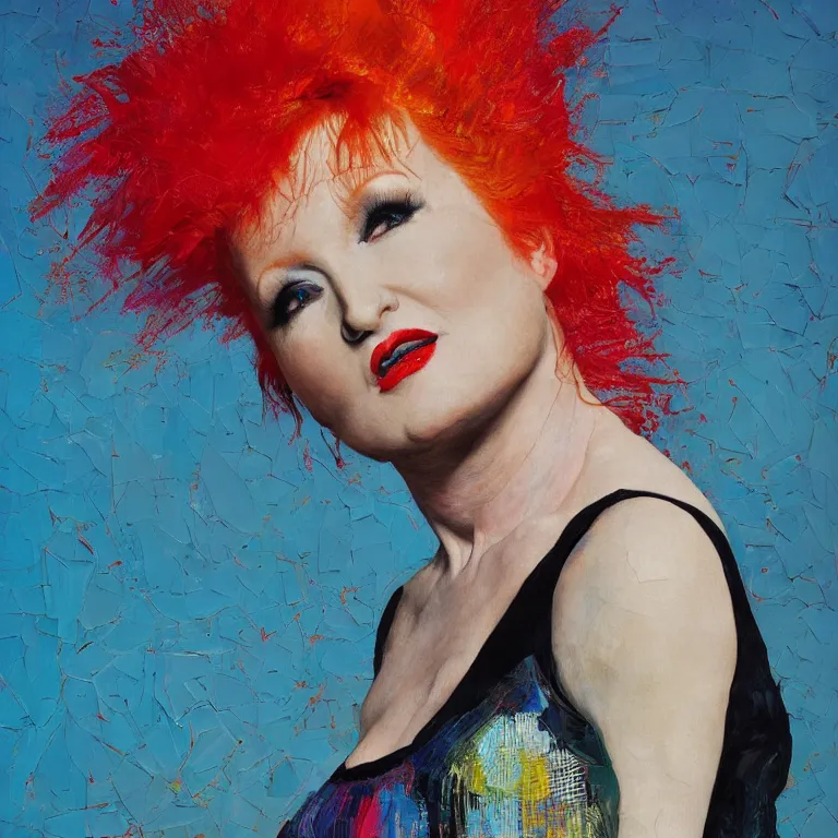 Image similar to close up studio portrait of Cindy Lauper wearing an Issey Miyake dress in 1985, impasto heavy brushstrokes oil painting by Norman Rockwell and Tim Hawkinson and Cy Twombly, Intense colors trending on artstation dramatic lighting Expressionism