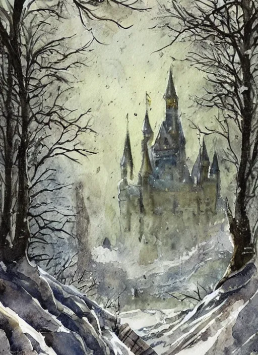 Image similar to a sword stuck in the ground, there is a huge and intricate castle in the distance, fantasy, muted colors, snow, trees, watercolor