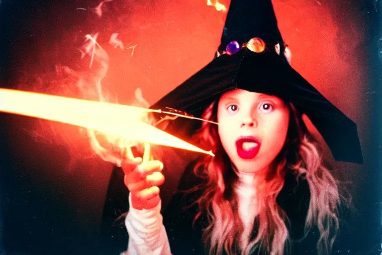 Image similar to extreme close up portrait, dramatic lighting, teen witch aggressively pointing a magic wand casting a spell over a table with pyrotechnics, cat on the table in front of her, sage smoke, magic wand, a witch hat cloak, apothecary shelves in the background 1 9 8 0's photo, polaroid, damaged film