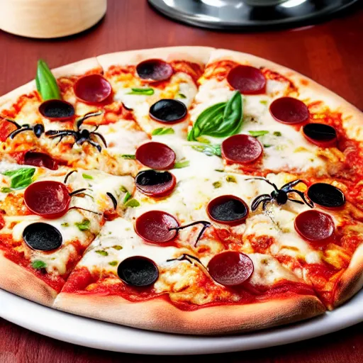 Prompt: cookbook photo of pizza with spiders on it