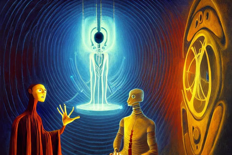 Image similar to a beautiful masterpiece painting of a cybernetic wizard discussing sentience with his AI by Remedios Varo and Anato Finnstark