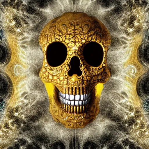 Image similar to fractal golden skull face, afro, third eye art art by machina infinitum, infinite intricacy, rendered in octane, mandelbulb 3 d, ambient occlusion, macro photography