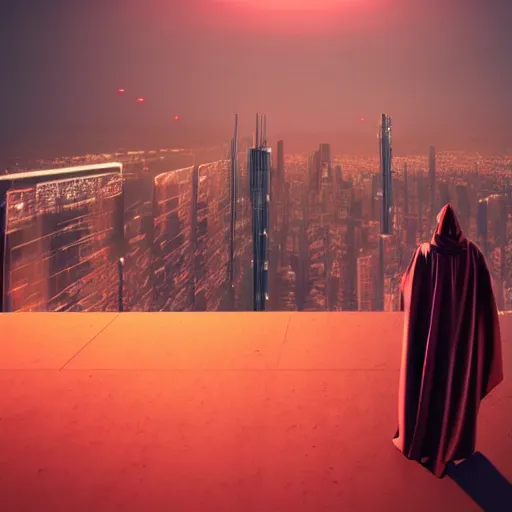 Image similar to a tall, skinny robot wearing a dark flowing robe and a hood, standing and staring out over a tall cliff, a futuristic city in the background, glowing neon lights, cyberpunk, 8 k, unreal engine render, highly detailed