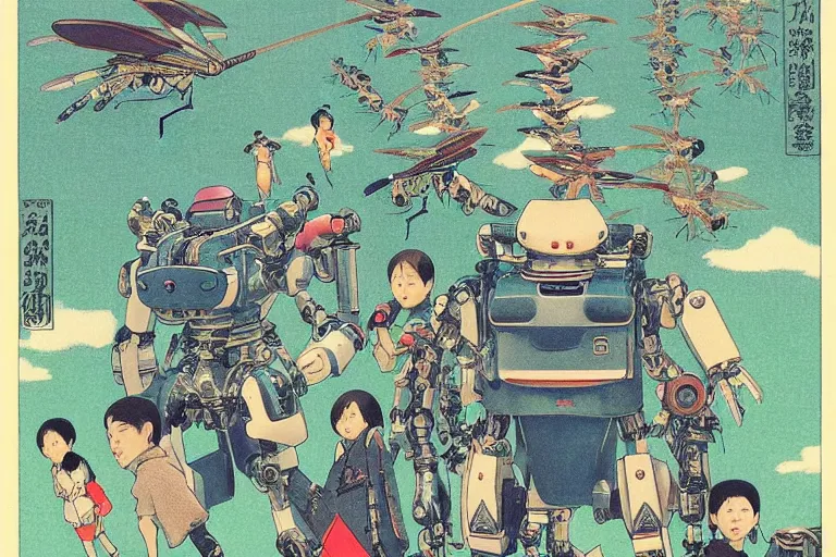 Image similar to gigantic dragonflies with human faces catch tiny robots, a lot of exotic mechas robots around, human heads everywhere, risograph by kawase hasui, dirtyrobot, edward hopper, satoshi kon and moebius, colorful flat surreal design, super - detailed, a lot of tiny details, fullshot