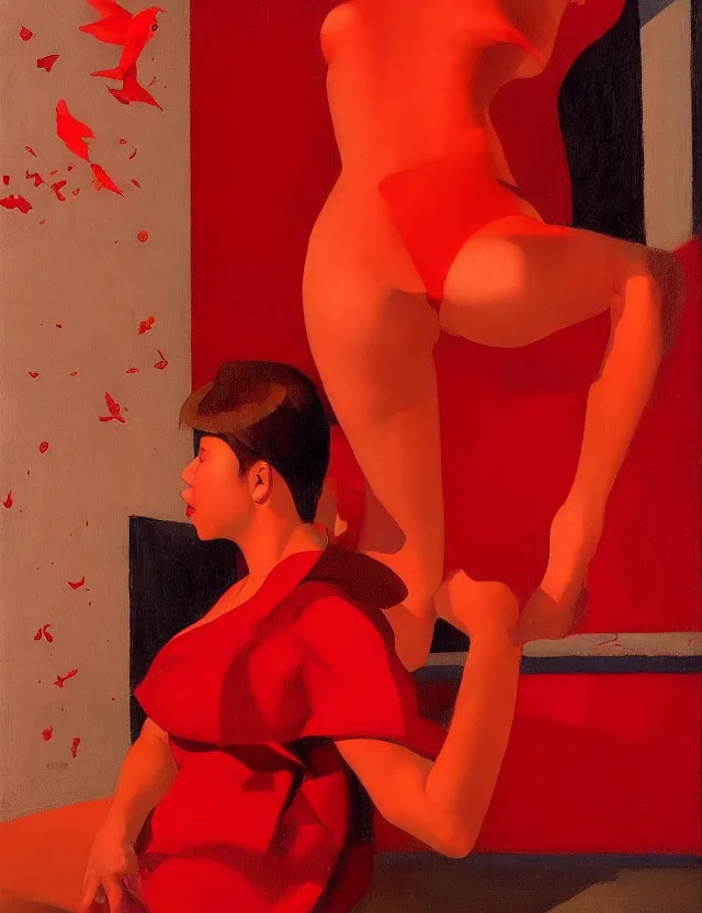 Image similar to only with red, red goddess, tokyo, a lot of frogs to watch, in the style of beksinsky, parts of edward hopper, parts of rodchenko, parts of yue mingjun, complex and epic composition, red caravaggio, insanely high - quality, very detailed, masterpiece, red light, artstation, 4 k