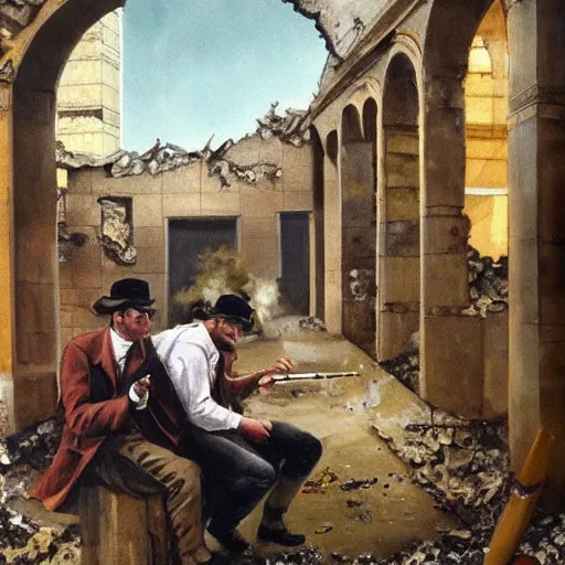 Image similar to Beautiful painting of Irish rebels smoking cigarettes inside a ruined building, General Post Office in Dublin, 4K