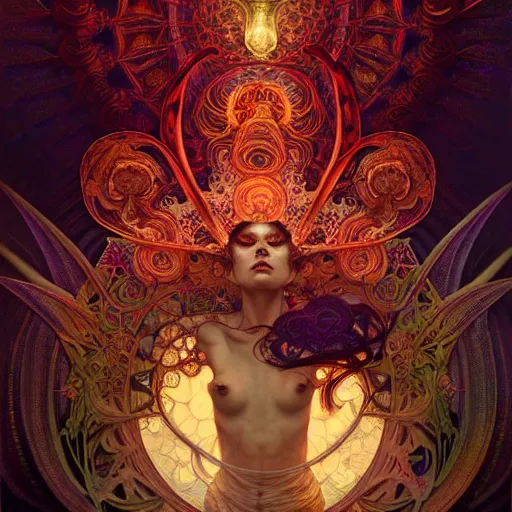 Image similar to An extremely psychedelic experience, surreal, dramatic lighting, magic mushrooms, psilocybin, LSD, face, detailed, intricate, elegant, highly detailed, digital painting, artstation, concept art, smooth, sharp focus, illustration, art by Krenz Cushart and Artem Demura and alphonse mucha