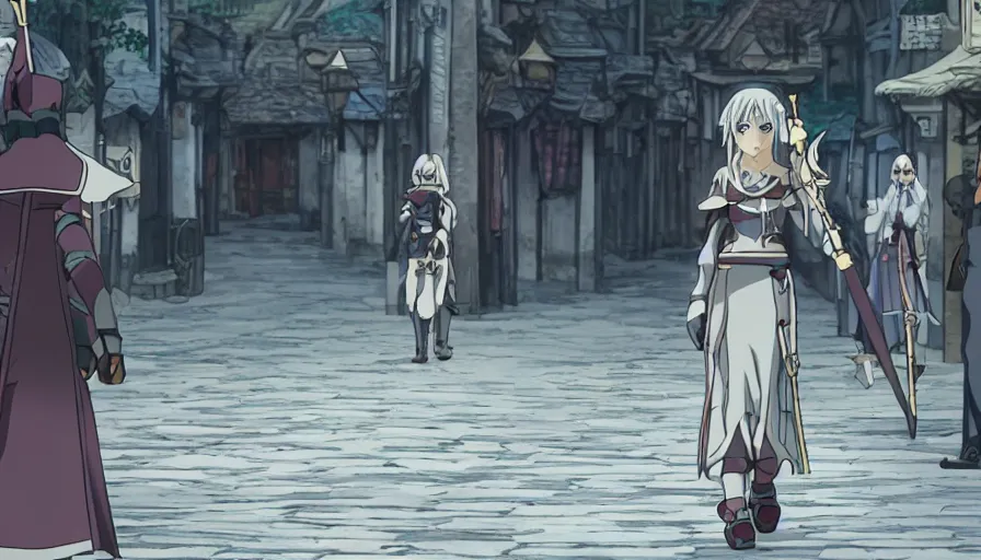 Image similar to Anime female knight elf • walking through the middle of an isekai town street • cinematic anime screenshot by the Studio JC STAFF