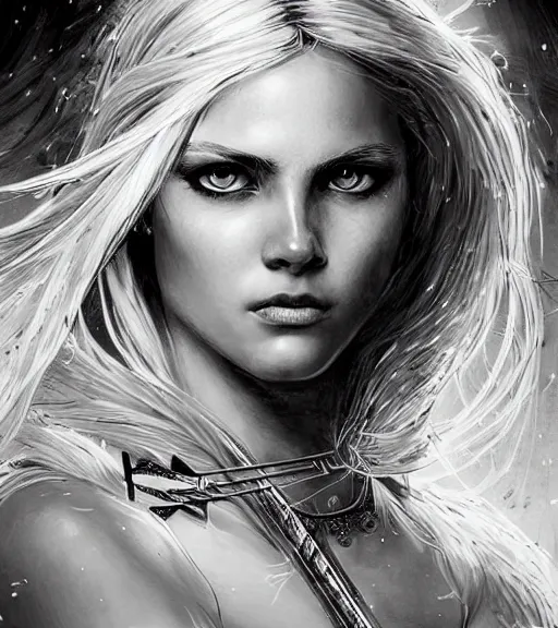 Image similar to portrait of beautiful aphrodite goddess as an archer warrior, arrow, beautiful piercing eyes, flowing blonde hair, realistic face, black and white drawing, in the style of greg rutkowski, fantasy, amazing detail, epic, intricate, elegant, smooth, sharp focus