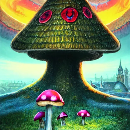 Prompt: 4 k headshot portrait of a psychedelic demonic anthropomorphic insect knight with mushroom themed clothes, magic mushroom village in background by jeff easley, award winning, stylized neon, post - processing, masterpiece, superb resolution. in the art style of junji ito and greg rutkowski. detailed mushroom city in background. hyper realistic anime. perfect art. dalle 2