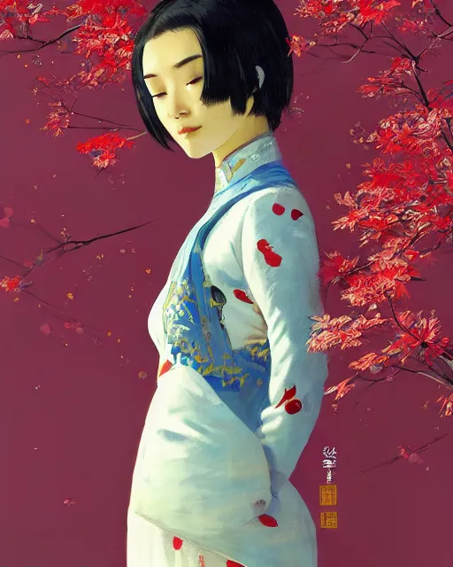 Prompt: a ultradetailed beautiful panting of a asian robotic female wearing traditional red ao dai, by ilya kuvshinov, greg rutkowski and makoto shinkai, trending on artstation