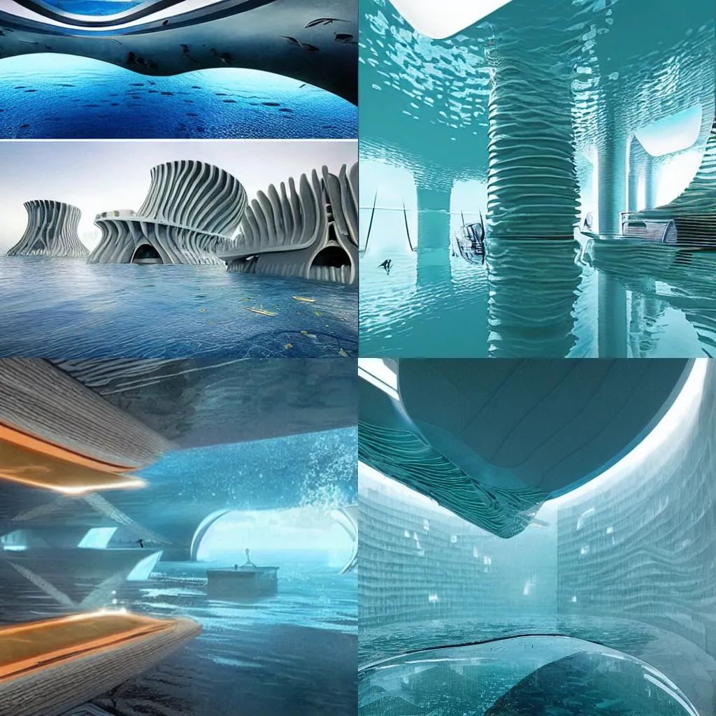 Prompt: futuristic buildings under water designs by Luigi Serafini