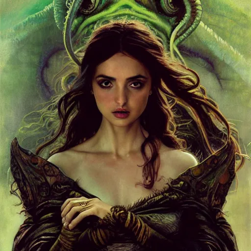 Image similar to half length portrait of ana de armas as a warlock using cthulhu magic, d & d, medieval, fantasy, royo, klimt, miro, vallejo, frazetta, alphonse mucha, greg rutkowski, whealan