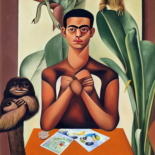 Image similar to oil painting, portrait of a boy with a sloth in a vintage office, mid - century modern design, painting by frida kahlo ( 1 9 3 2 ), from mexican modernism exhibition