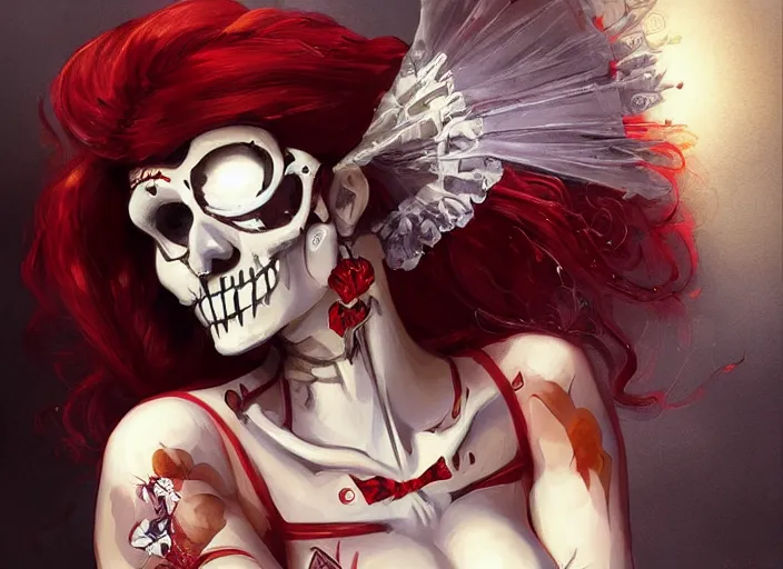 Image similar to cute & beautiful smug smiling mexican undead skeleton girl with red hair dressed as a bride, elegant, digital art, fantasy, pixar style, painting, pin up, highly detailed, artstation, art by artgerm, vrubel, boris vallejo and ilya kuvshinov