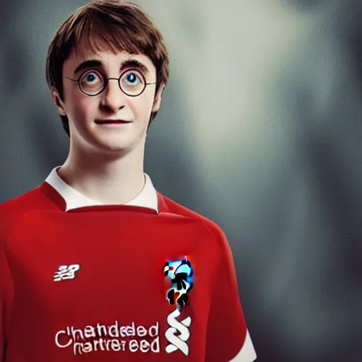 Image similar to portrait of harry potter wearing a liverpool jersey, highly detailed, masterpiece painting, 4 k,