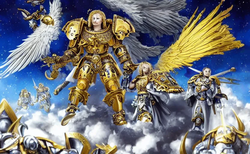 Image similar to the golden primarch of the emperor with angelic wings leading space marines into war, warhammer 40k anime