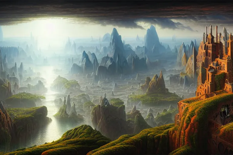 Prompt: a beautiful stunning insanely detailed complex matte painting of a magical mythical city at the edge of world by Heironymous Bosch and Jim Burns and Noah Bradley