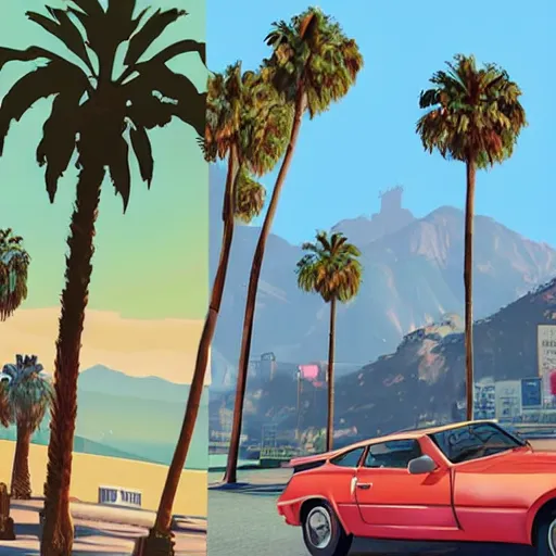 Image similar to Jeff Goldblum in GTA v. Los Santos in the background, palm trees. In the art style of Stephen Bliss