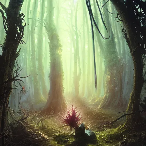 Image similar to highly detailed creepy forest mother mage, stephen bliss, unreal engine, fantasy art by greg rutkowski, loish, rhads, ferdinand knab, makoto shinkai and lois van baarle, ilya kuvshinov, rossdraws, tom bagshaw, global illumination, radiant light, detailed and intricate environment