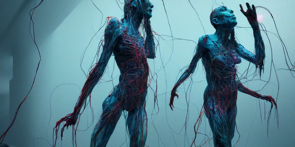 Prompt: rgb, glowing, extreme rage, woman, cinematic, movie scene, inspired by zdzislaw beksinski, clothes made out of veins,, cables everywhere, bedroom, ultra realistic, concept art, intricate details, highly detailed, photorealistic, octane render, 8 k