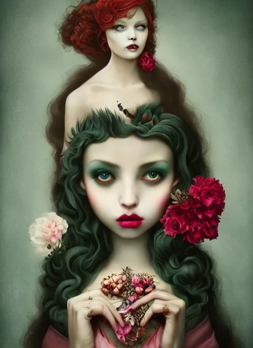 Image similar to pop surrealism, lowbrow art, realistic cute seductive female painting, romantic gown, hyper realism, muted colours, rococo, dorian clevenger, natalie shau tom bagshaw, mark ryden, trevor brown style,