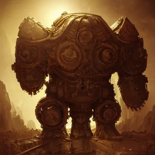 Prompt: a Steam powered mechanical golem in golden plate armoring, forward facing angle, concept art, character design, stunning 3d render , art by Tooth Wu and justin gerard and Blizzard studios, dim volumetric lighting, 8k octane beautifully detailed render, post-processing, extremely hyperdetailed, intricate complexity, epic composition, grim yet sparkling atmosphere, masterpiece, trending on artstation