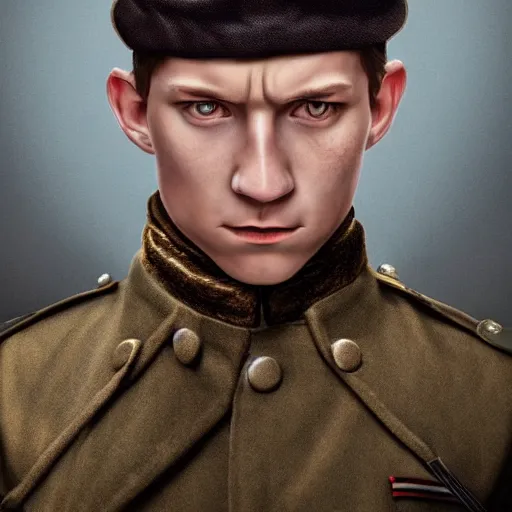 Prompt: closeup portrait of sad tom holland wearing russian ww 1 clothes, with black beanie on head, dark blurred background, style ivan talavera and artgerm, radiant lighting, hyper realistic, photorealistic, octane render, trending on artstation, cgsociety, cinematic light, global illumination