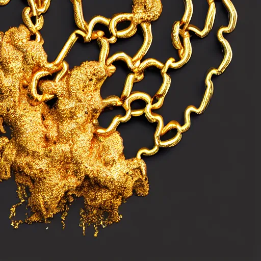 Image similar to studio photography of a gold chain, melting with lava