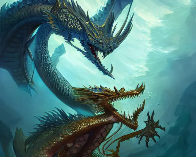 Image similar to underwater dragon, deep focus, d & d, fantasy, intricate, elegant, highly detailed, digital painting, artstation, concept art, matte, sharp focus, illustration, hearthstone, art by artgerm and greg rutkowski and alphonse mucha