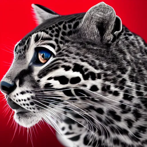 Image similar to profile shot of a black and red ocelot with black background, dramatic, cinematic, high contrast, octane render, 4k