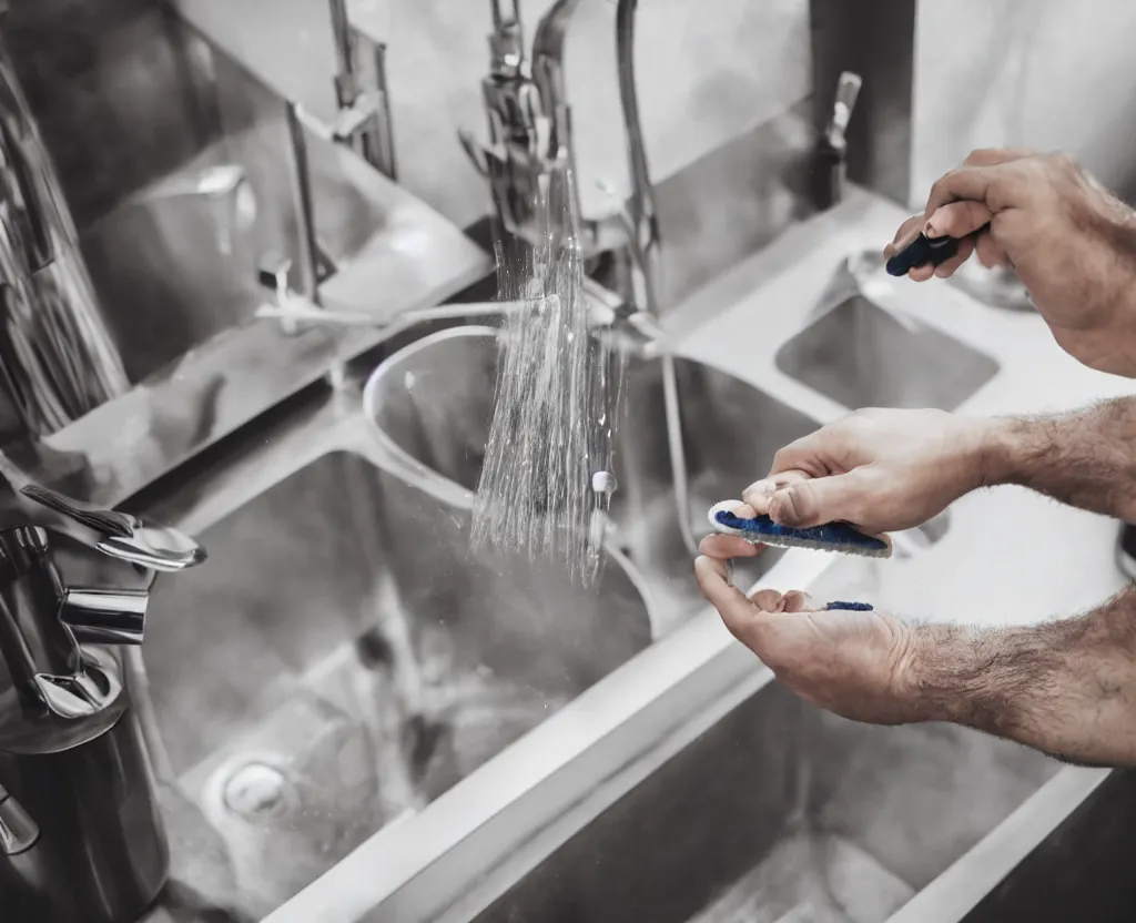 Image similar to first person point of view of a man holding a tooth brush in front of kitchen sink