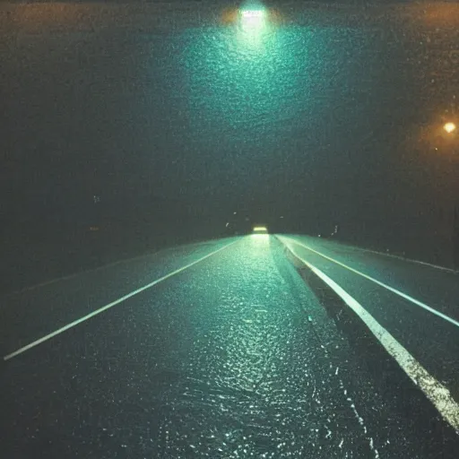 Prompt: first person viewpoint, night time POV, cyclist looking towards the end of a steep rain soaked suburban hilly road, night scene, wet road, filigrees of gold on the tarmac amber light, 90s