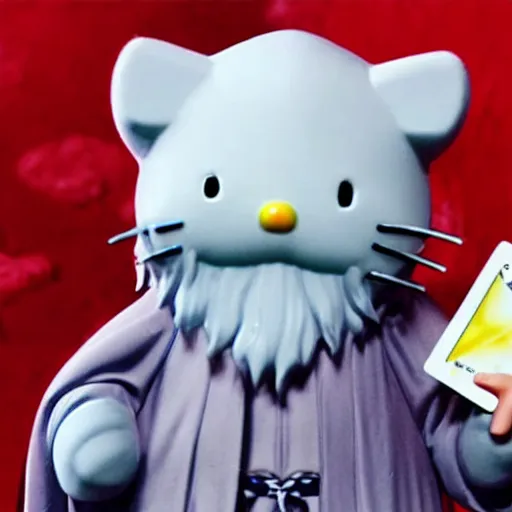 Image similar to portrait of gandalf as Hello Kitty, holding a blank playing card up to the camera, movie still from the lord of the rings